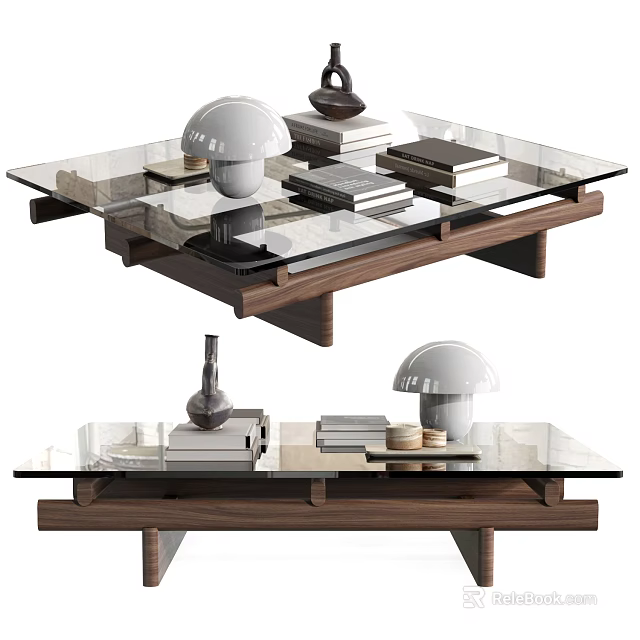 Modern Coffee Table With Glass Top Wooden Frame And Decorative Books Lamp And Vase 3d model 