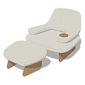 White Upholstered Single Seater Sofa with Matching Ottoman Wooden Legs and Armrest Tray