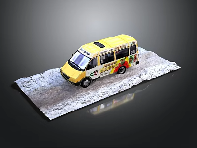Yellow Van Model Parked on Snowy Platform with Detailed Exterior Design 3d model