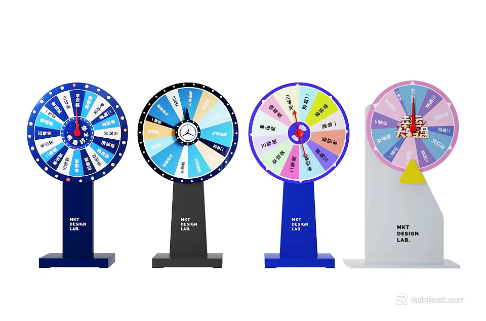 Various Colored Wheel Sculptures With Segmented Sections And Sturdy Bases For Games 3d model 