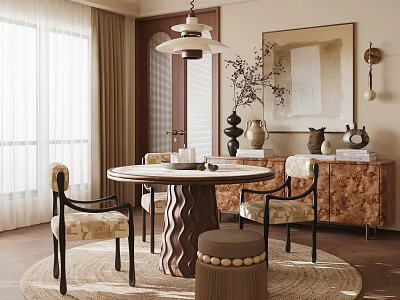 Elegant Modern Restaurant Interior With Round Dining Table Chairs Area Rug Wooden Cabinet And Decorative Vases 3d model