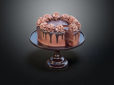 Delicious Chocolate Cake With Chocolate Drizzle And Pink Flower Decorations On Stand 3d model