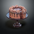 Delicious Chocolate Cake With Chocolate Drizzle And Pink Flower Decorations On Stand
