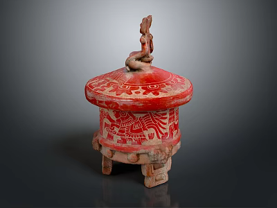 Ancient Red Ceramic Vessel With Carved Figure Lid Tripod Base And Decorative Patterns 3d model