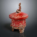 Ancient Red Ceramic Vessel With Carved Figure Lid Tripod Base And Decorative Patterns