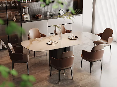 Modern Dining Room With Oval Marble Table And Brown Leather Chairs 3d model