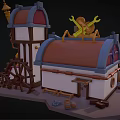 Cartoon Bar Scene With Orange Roof And Clock Decorations Wooden Barrels Benches And Stairs