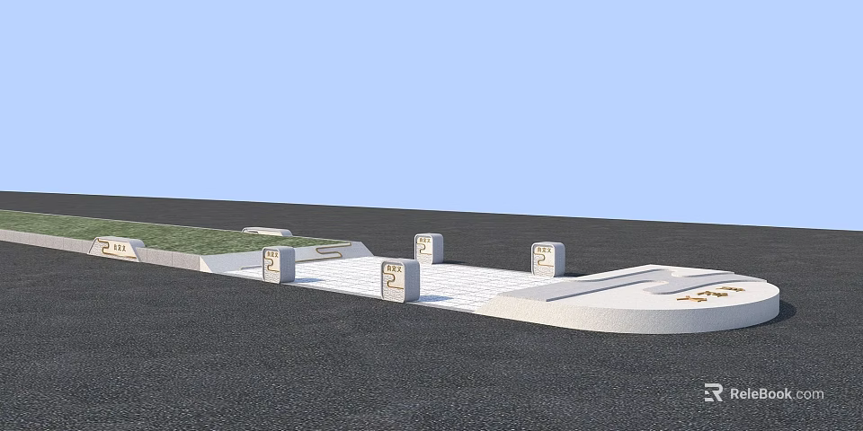 Municipal Road Design With Black Pavement White Sidewalk Square Bollards And Green Grass Area 3d model 