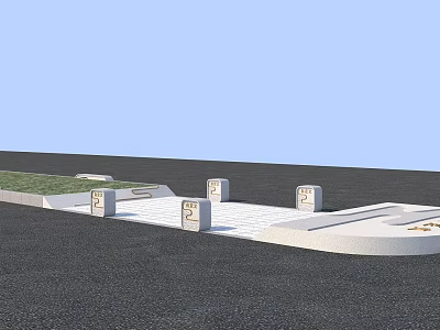 Municipal Road Design With Black Pavement White Sidewalk Square Bollards And Green Grass Area 3d model