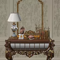 Ornate Console Table Featuring White Lamp Pink Sculpture Books Golden Decor on Floral Wallpaper