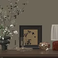 Decorative Ornament Set With Vase Green Plants Framed Art Glassware And Table Lamp On Shelf