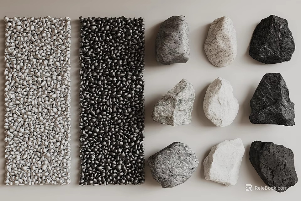 Natural Stones And Wood Textures Arranged With Various Shapes Colors And Sizes 3d model 