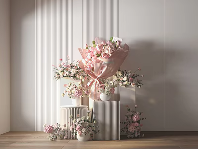 Floral Vase Arrangement with Pink Flowers on White Striped Wall and Wooden Floor 3d model