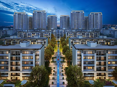 Residential Buildings High rise and Low rise with Greenery and Central Pathway Evening View 3d model