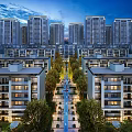 Residential Buildings High rise and Low rise with Greenery and Central Pathway Evening View