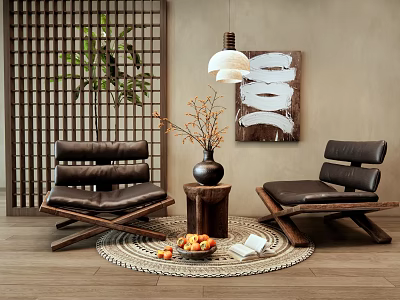 Two Modern Leather Leisure Chairs On Woven Rug With Coffee Table And Hanging Lamp 3d model