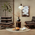 Two Modern Leather Leisure Chairs On Woven Rug With Coffee Table And Hanging Lamp