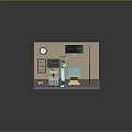 Cartoon Medical Room Scene With Doctor Hospital Bed Medical Equipment Wall Clock And Blue Curtains