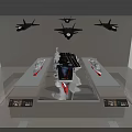 Military Aircraft Model Display with Hanging Jets and Information Panels in Modern Exhibition Hall