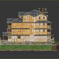 Cartoon Scene Of A Multi Story Yellow Building With Blue Roof Green Grass And Flags