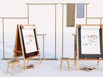 Art Supplies Setup With Wooden Easels Drawing Boards Bamboo Frames And Stools 3d model