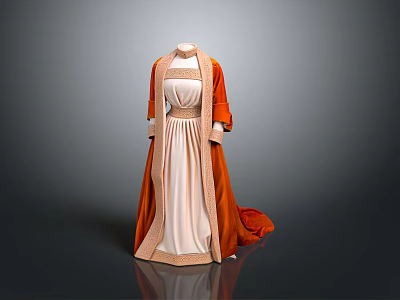 Elegant Traditional Dress With Orange Cape And Cream Embroidered Trim On Gray Background Mannequin 3d model