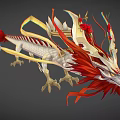 Fantasy Game Movie Dragon Character with White Body Red Gold Accents Flowing Ribbons Red Flowers