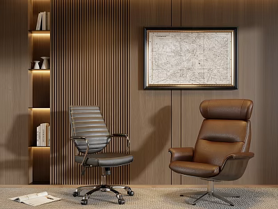 Gray Leather Office Chair With Wheels And Armrests In Wooden Wall With Decorative Map And Bookshelf 3d model