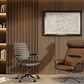 Gray Leather Office Chair With Wheels And Armrests In Wooden Wall With Decorative Map And Bookshelf
