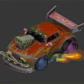 Red Custom Muscle Car With Venom Logo Flame Graphics Exposed Engine And Wheel Flames