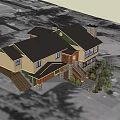 Single Family Detached House With Yellow Exterior Black Roof And Two Car Garage