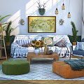 Vintage Style Sofa and Coffee Table Set with Fabric Cushions Sunflowers Plants and Patterned Ottomans