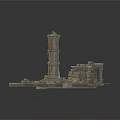 Modern Scene With Ancient Stone Tower Square Base Stone Blocks Moss Vines And Red Car