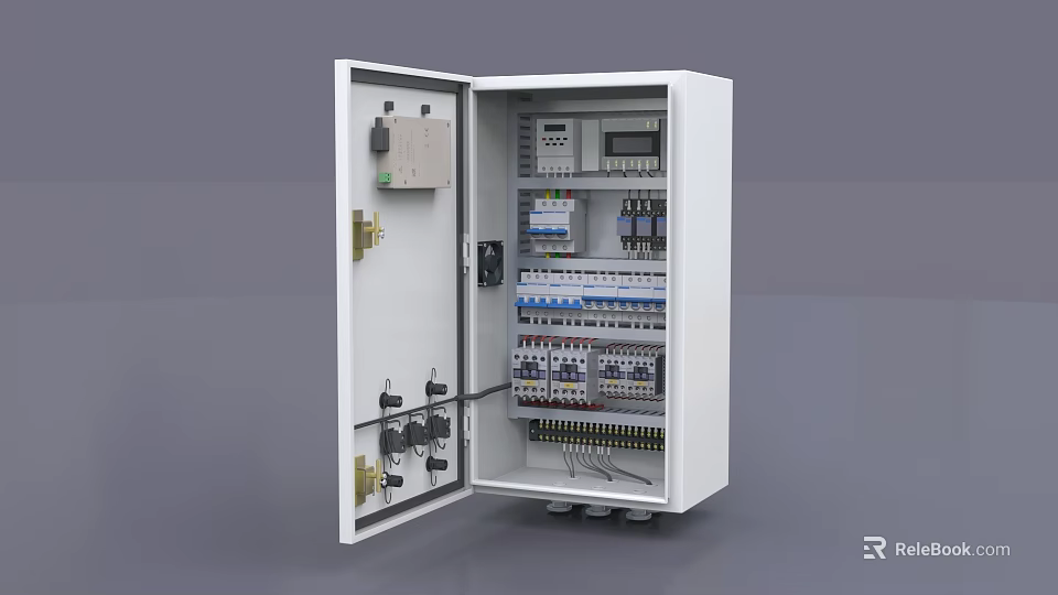 Industrial Electrical Control Cabinet Open Door Design With Circuit Breakers Meters And Wiring Components 3d model 