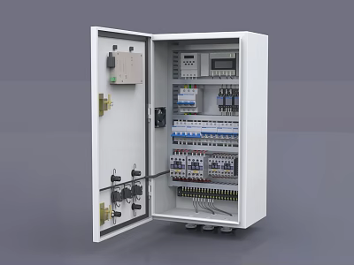 Industrial Electrical Control Cabinet Open Door Design With Circuit Breakers Meters And Wiring Components 3d model