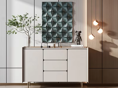 Elegant Modern Entryway Cabinet And Side Cabinet With Marble Countertop Green Plant Hanging Lamp 3d model