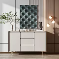 Elegant Modern Entryway Cabinet And Side Cabinet With Marble Countertop Green Plant Hanging Lamp