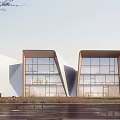 Modern Sales Office Building Featuring Glass Walls Sloped Roof Landscaped Grounds And People Walking