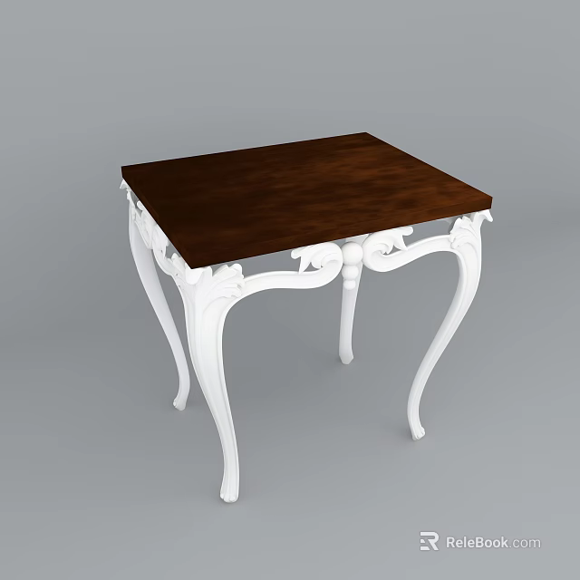 Elegant Decorative Table With Brown Wooden Top And White Carved Legs 3d model 