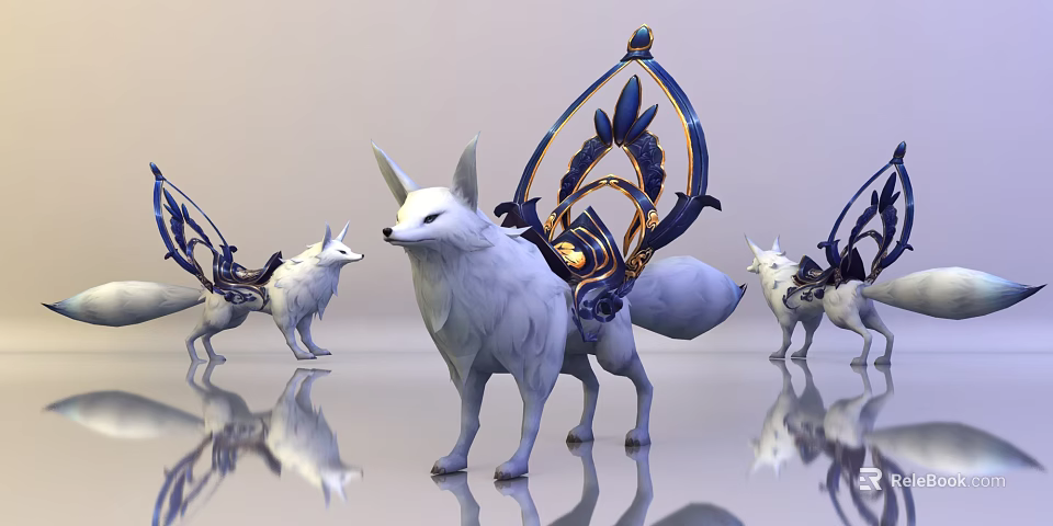 White Fox Game Character With Ornate Blue And Gold Decorations As Fantasy Mount 3d model 