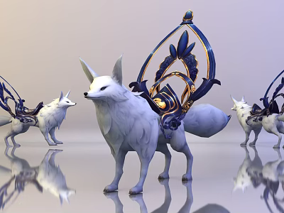 White Fox Game Character With Ornate Blue And Gold Decorations As Fantasy Mount 3d model