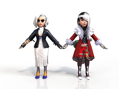 Two Cartoon Characters In Red Black Outfits With White Black Hair Holding Weapons 3d model