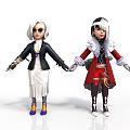 Two Cartoon Characters In Red Black Outfits With White Black Hair Holding Weapons