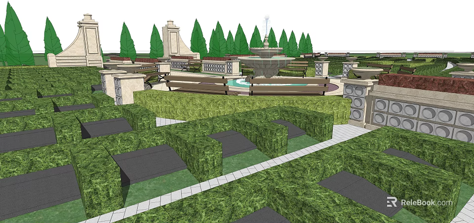 Formal Garden Landscape With Trimmed Hedges Fountain And Stone Pathways 3d model 