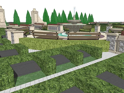 Formal Garden Landscape With Trimmed Hedges Fountain And Stone Pathways 3d model