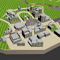 Scenic 3D Landscape With Green Lawn Cluster Of Buildings Circular Plaza And Paths