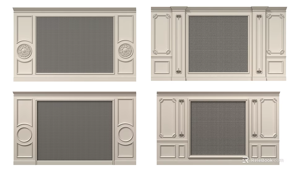 Classic Sofa Backdrop Wall Design With Ornate Panels And Textured Patterns 3d model