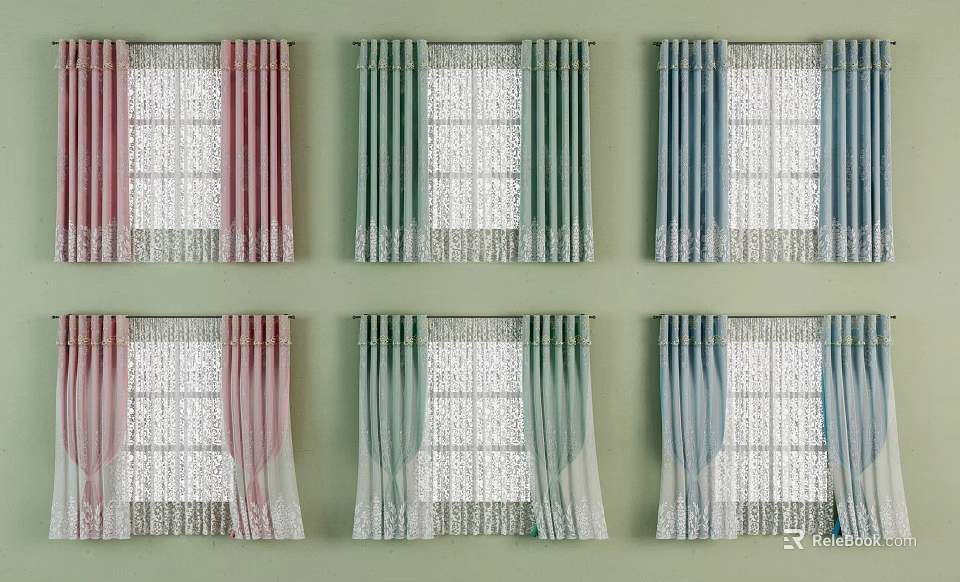 Colorful Double Layer Window Curtains With Lace Sheer Panels And Solid Fabric 3d model 