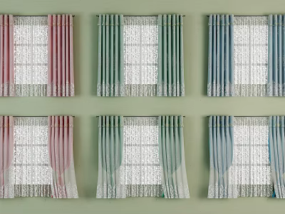 Colorful Double Layer Window Curtains With Lace Sheer Panels And Solid Fabric 3d model