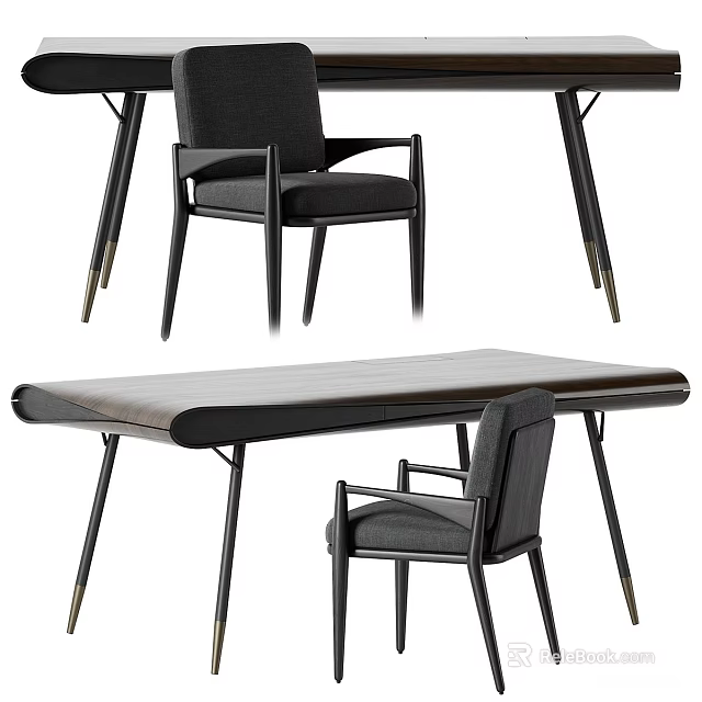 Modern Sleek Desk Design With Wooden Top Black Armchair And Metal Legs 3d model 